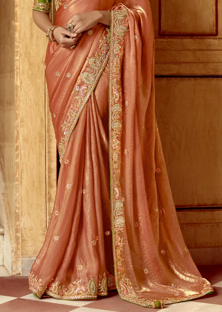 Spanish Orange Tissue Silk Saree Beautified with Intricate Thread Embroidery And Sequin Accents - House of Sarvati LLC
