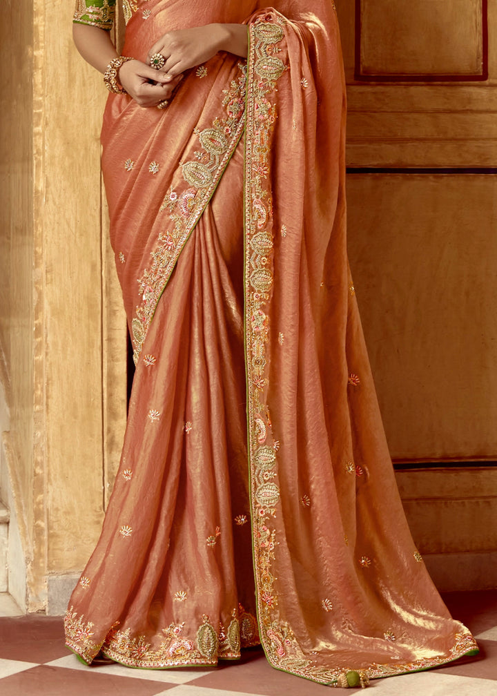 Spanish Orange Tissue Silk Saree Beautified with Intricate Thread Embroidery And Sequin Accents - House of Sarvati LLC