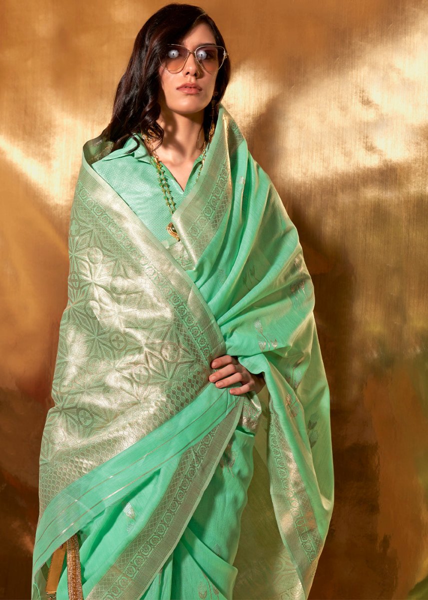 Spring Green Linen Silk Saree with Woven Zari Highlights - House of Sarvati LLC