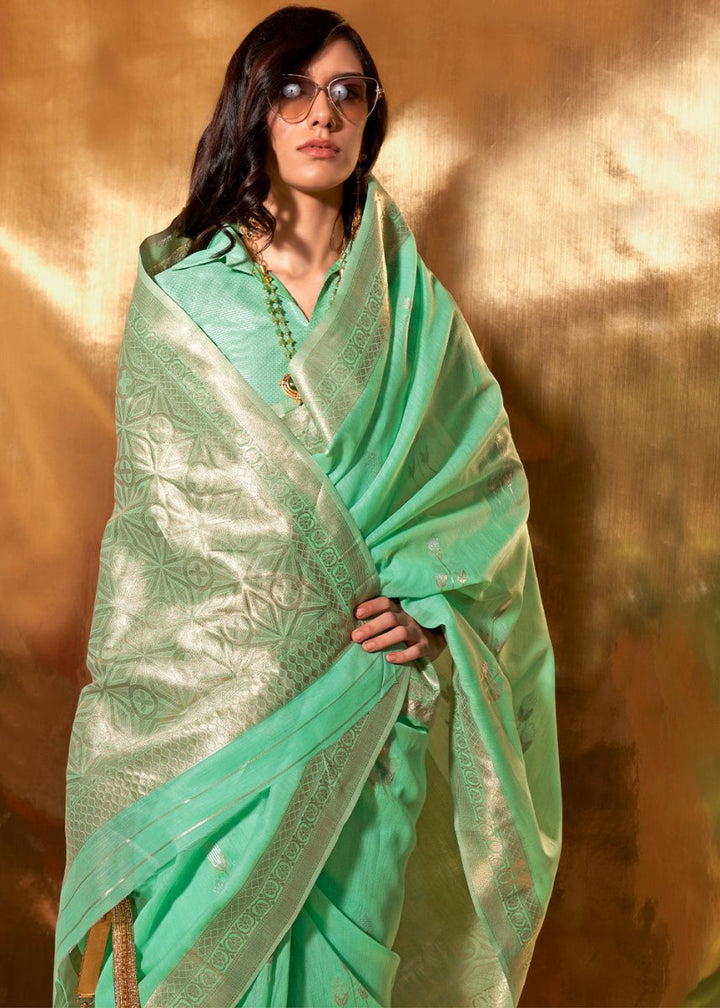 Spring Green Linen Silk Saree with Woven Zari Highlights - House of Sarvati LLC