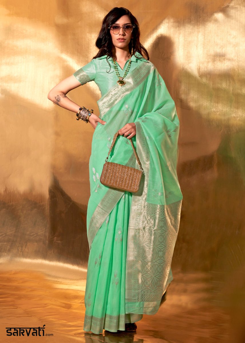 Spring Green Linen Silk Saree with Woven Zari Highlights - House of Sarvati LLC