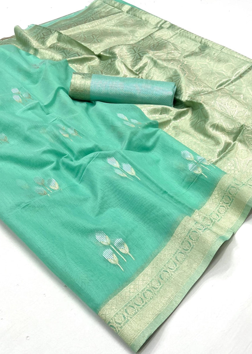 Spring Green Linen Silk Saree with Woven Zari Highlights - House of Sarvati LLC