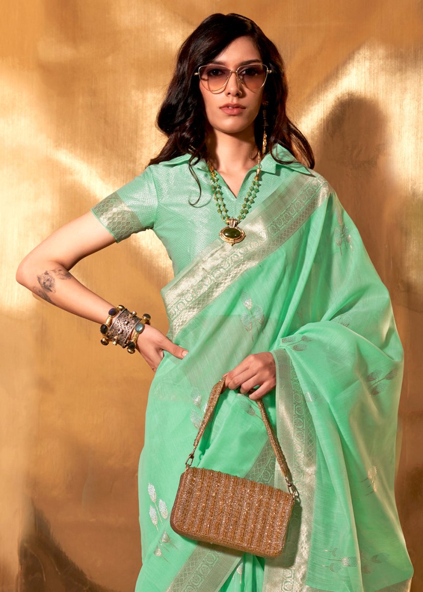 Spring Green Linen Silk Saree with Woven Zari Highlights - House of Sarvati LLC