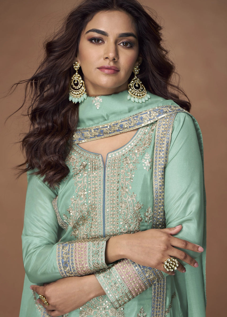 Spring Green Organza Silk Palazzo Suit Adorned with Floral Embroidery - House of Sarvati LLC