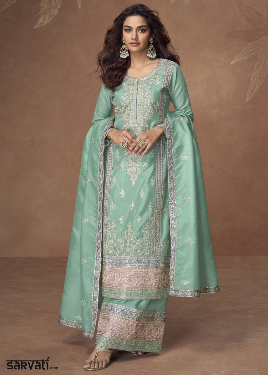 Spring Green Organza Silk Palazzo Suit Adorned with Floral Embroidery - House of Sarvati LLC
