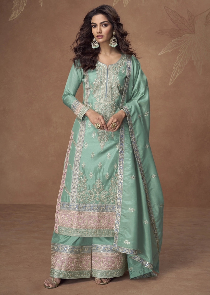 Spring Green Organza Silk Palazzo Suit Adorned with Floral Embroidery - House of Sarvati LLC
