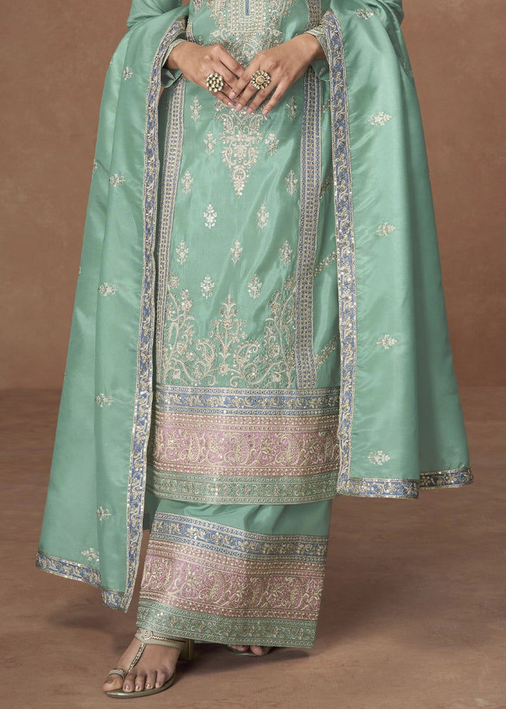 Spring Green Organza Silk Palazzo Suit Adorned with Floral Embroidery - House of Sarvati LLC