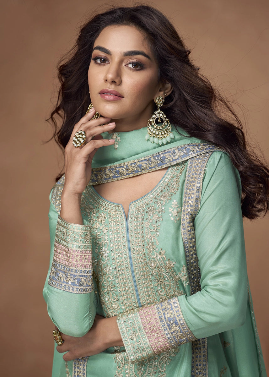 Spring Green Organza Silk Palazzo Suit Adorned with Floral Embroidery - House of Sarvati LLC