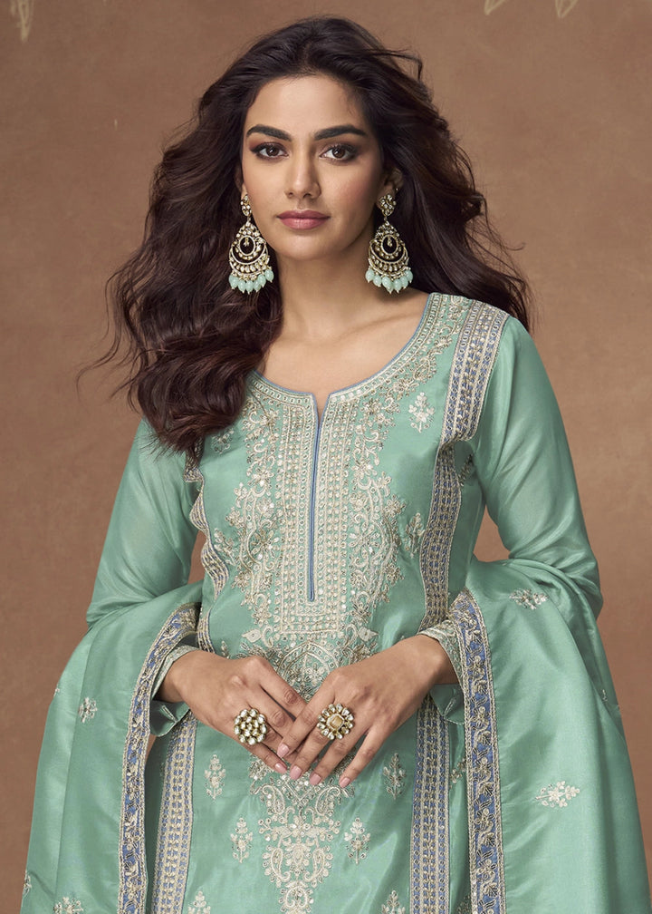 Spring Green Organza Silk Palazzo Suit Adorned with Floral Embroidery - House of Sarvati LLC