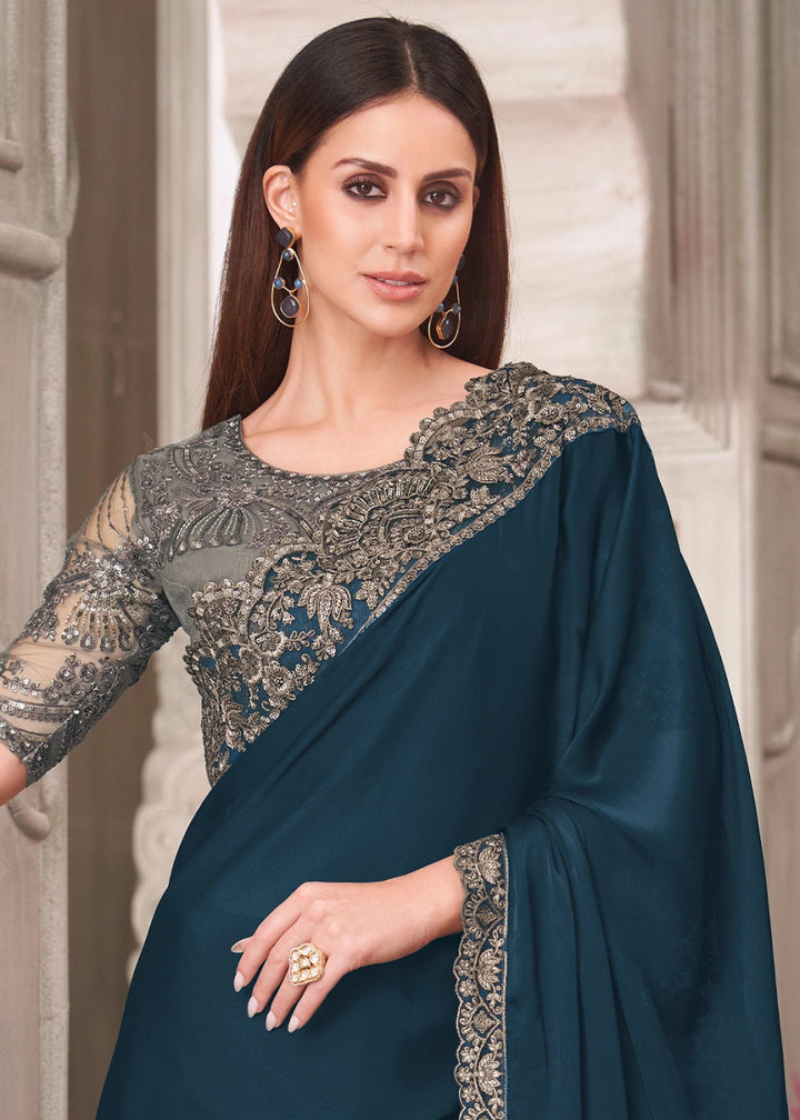 Spruce Blue Satin Georgette Saree With Detailed Embroidery And Luxe Appeal - House of Sarvati LLC