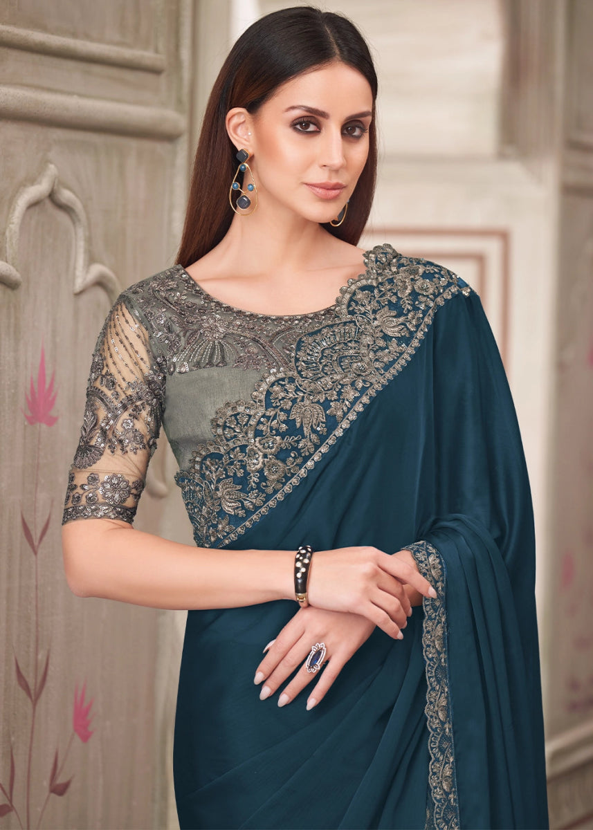 Spruce Blue Satin Georgette Saree With Detailed Embroidery And Luxe Appeal - House of Sarvati LLC