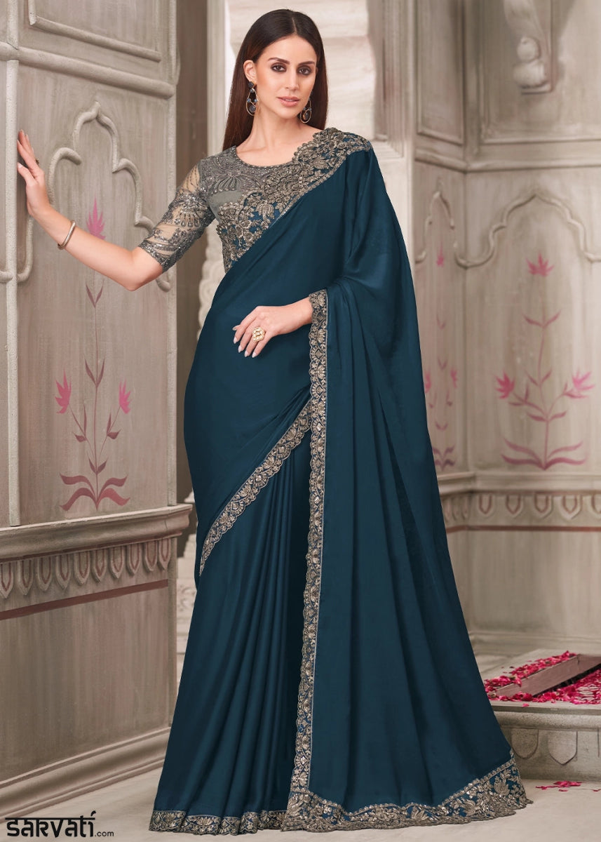 Spruce Blue Satin Georgette Saree With Detailed Embroidery And Luxe Appeal - House of Sarvati LLC