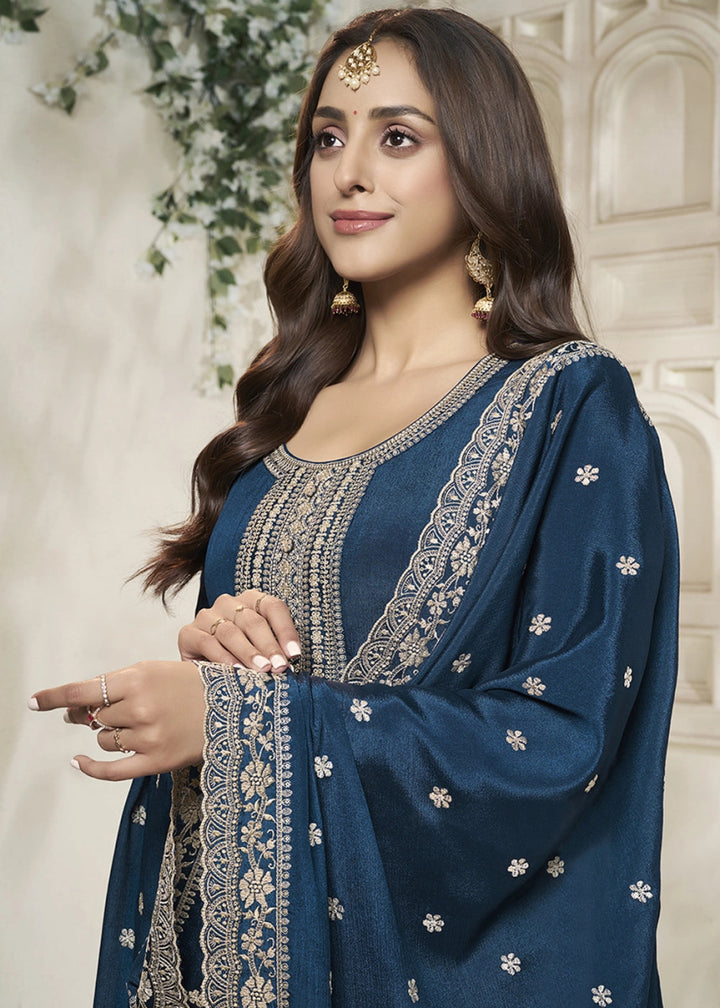 Star Command Blue Chinon Silk Anarkali Gown with White Embroidery and Sequin Highlights - House of Sarvati LLC