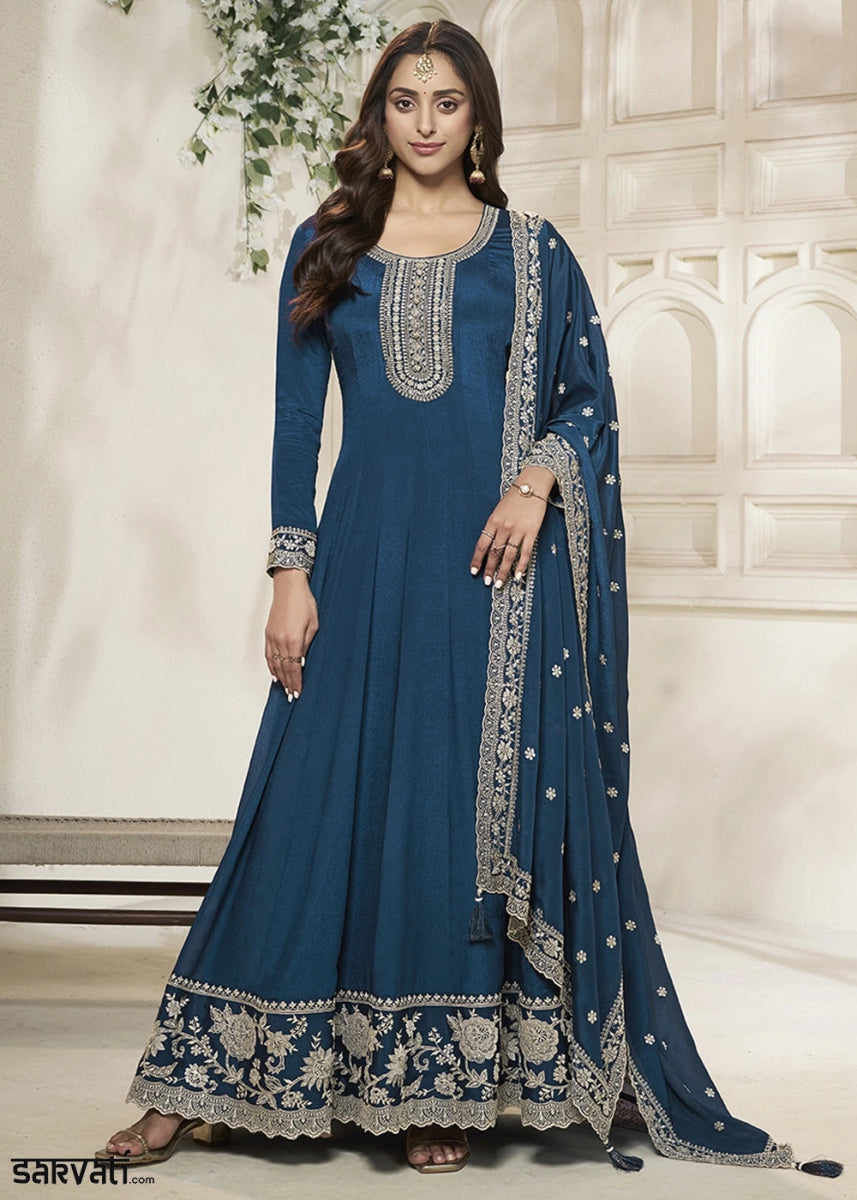 Star Command Blue Chinon Silk Anarkali Gown with White Embroidery and Sequin Highlights - House of Sarvati LLC