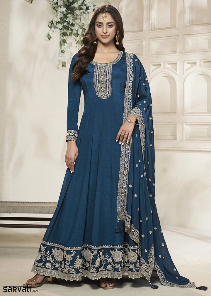 Star Command Blue Chinon Silk Anarkali Gown with White Embroidery and Sequin Highlights - House of Sarvati LLC