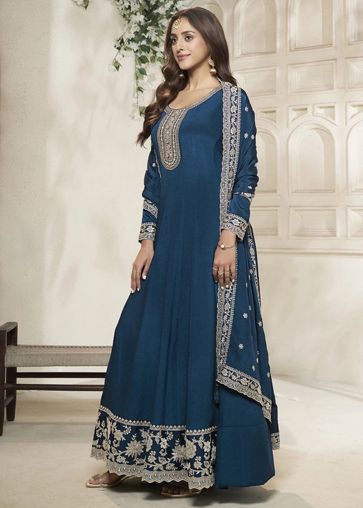 Star Command Blue Chinon Silk Anarkali Gown with White Embroidery and Sequin Highlights - House of Sarvati LLC