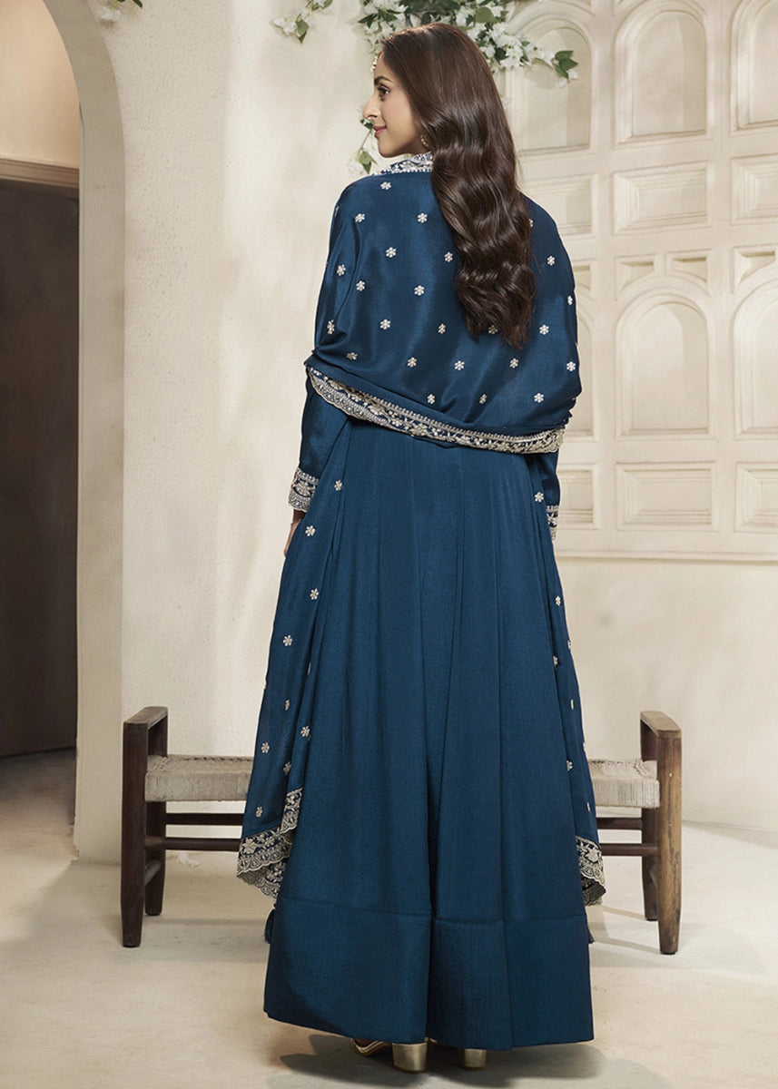 Star Command Blue Chinon Silk Anarkali Gown with White Embroidery and Sequin Highlights - House of Sarvati LLC