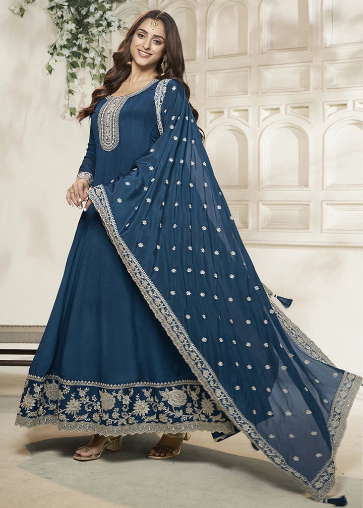 Star Command Blue Chinon Silk Anarkali Gown with White Embroidery and Sequin Highlights - House of Sarvati LLC