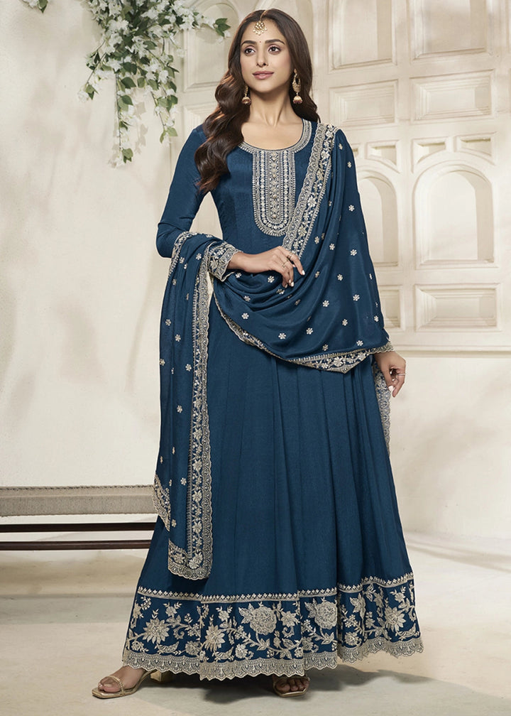 Star Command Blue Chinon Silk Anarkali Gown with White Embroidery and Sequin Highlights - House of Sarvati LLC