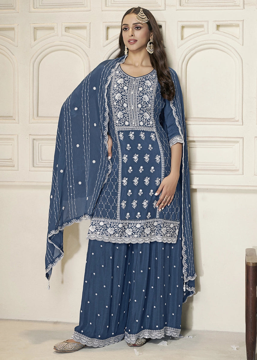 Steel Blue Chinon Silk Sharara Suit with Intricate White Thread & Sequin Embroidery - House of Sarvati LLC