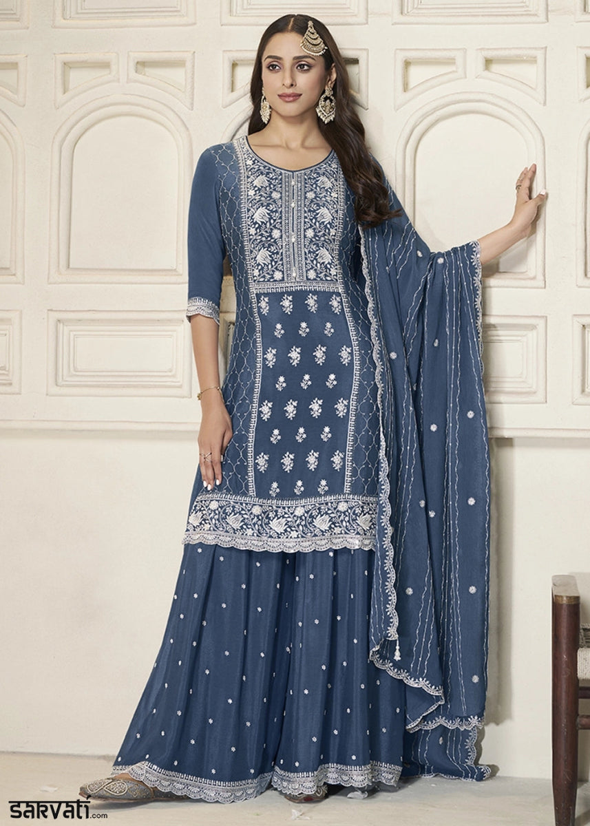 Steel Blue Chinon Silk Sharara Suit with Intricate White Thread & Sequin Embroidery - House of Sarvati LLC