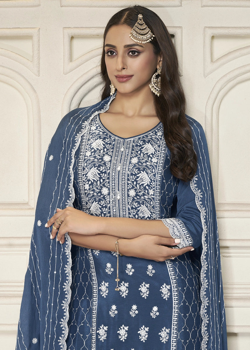 Steel Blue Chinon Silk Sharara Suit with Intricate White Thread & Sequin Embroidery - House of Sarvati LLC