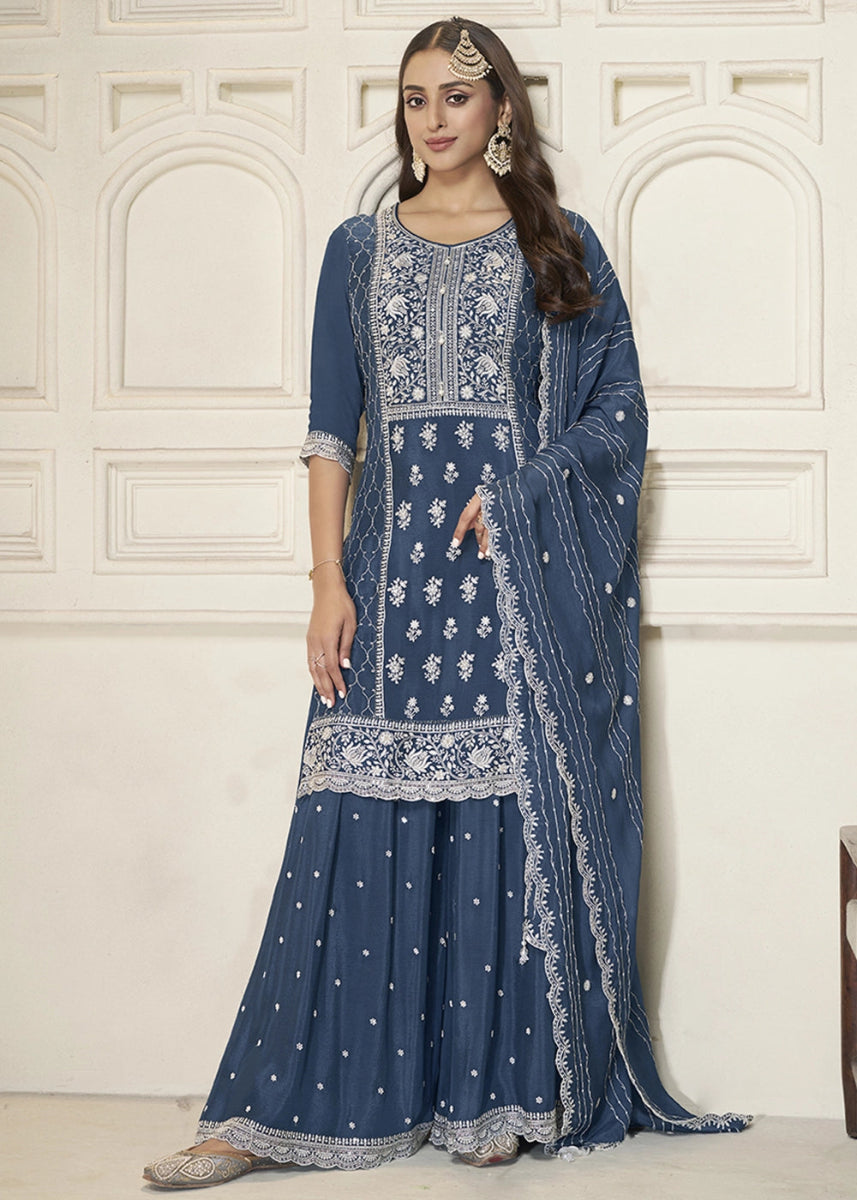 Steel Blue Chinon Silk Sharara Suit with Intricate White Thread & Sequin Embroidery - House of Sarvati LLC