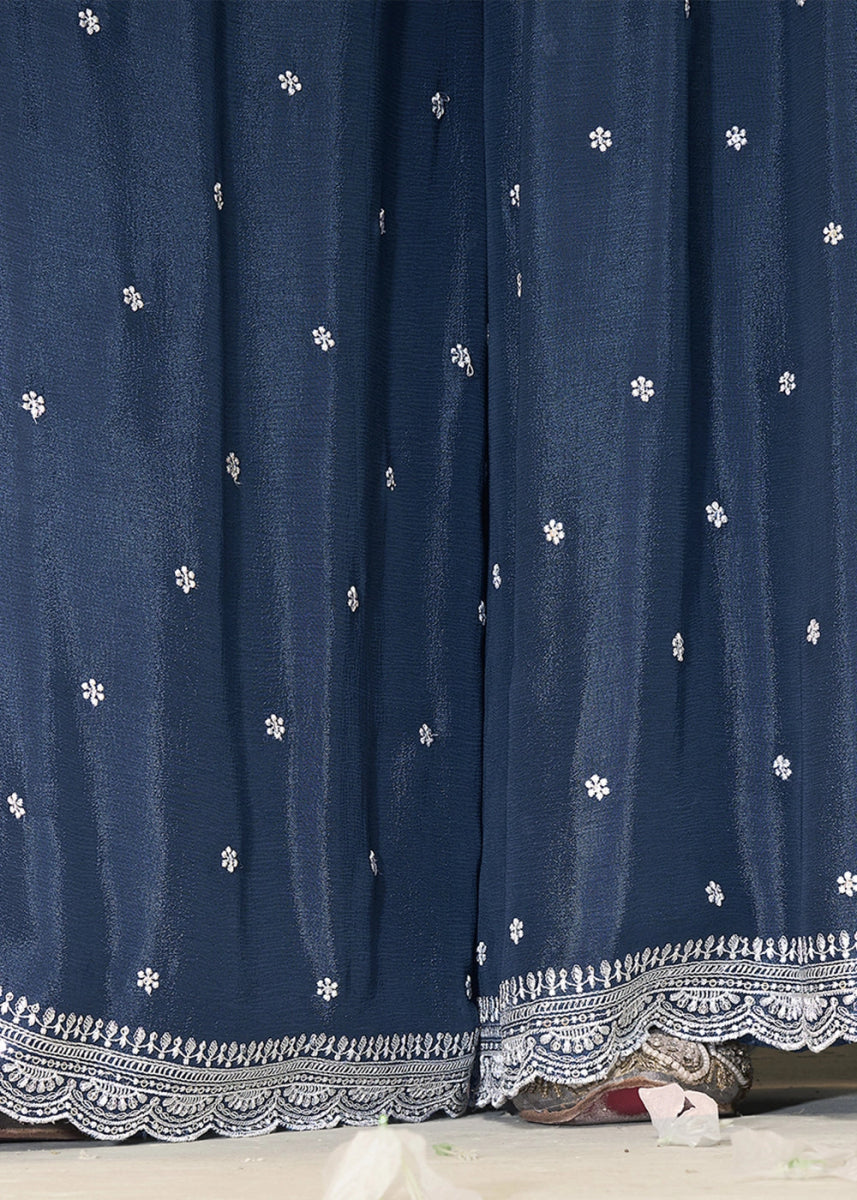 Steel Blue Chinon Silk Sharara Suit with Intricate White Thread & Sequin Embroidery - House of Sarvati LLC