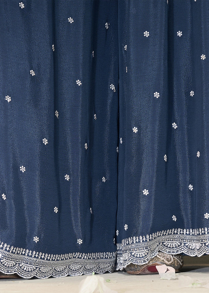 Steel Blue Chinon Silk Sharara Suit with Intricate White Thread & Sequin Embroidery - House of Sarvati LLC