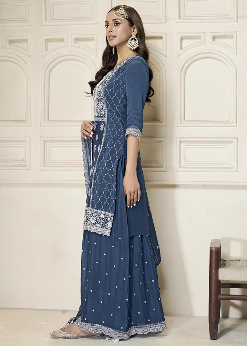 Steel Blue Chinon Silk Sharara Suit with Intricate White Thread & Sequin Embroidery - House of Sarvati LLC