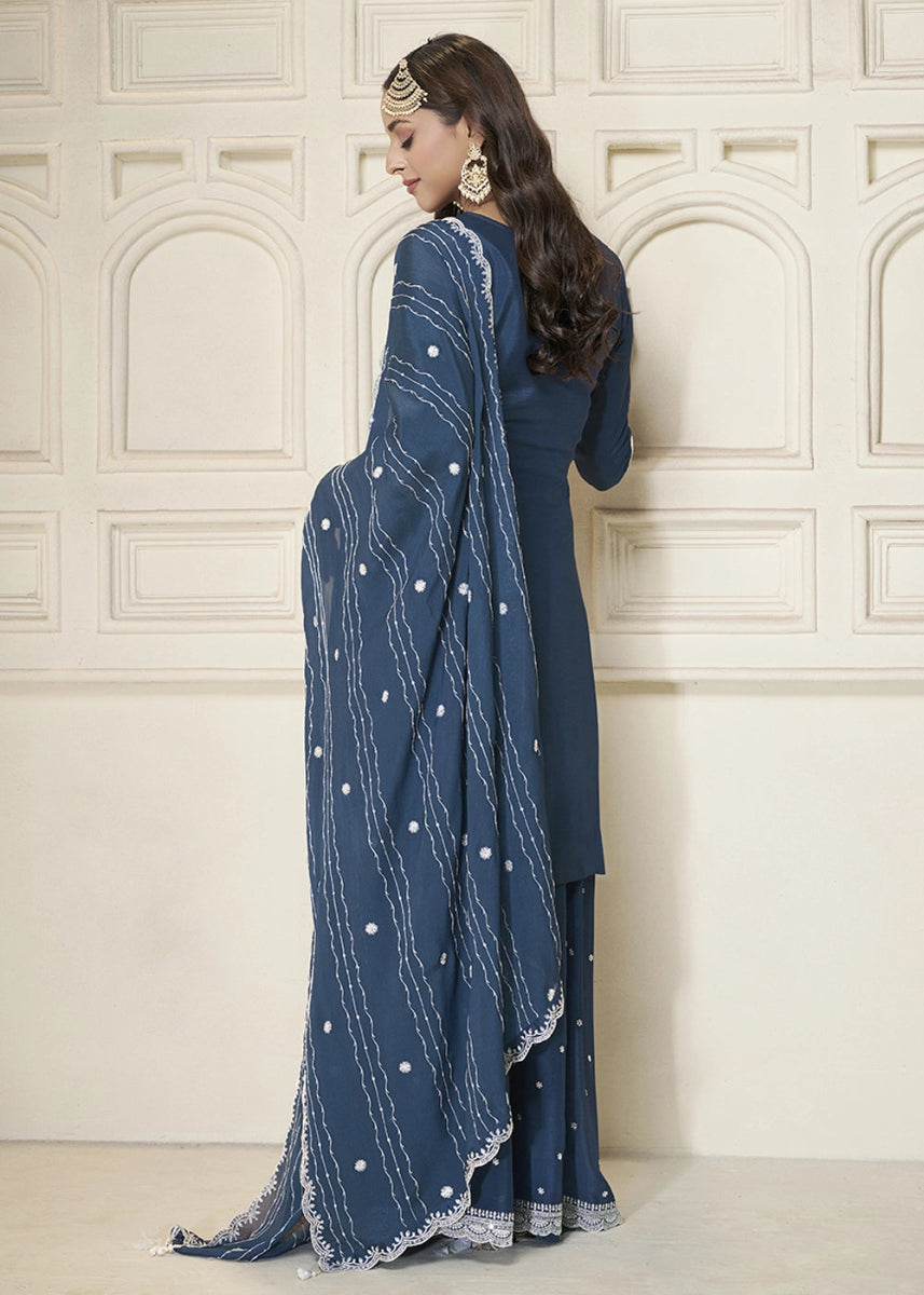 Steel Blue Chinon Silk Sharara Suit with Intricate White Thread & Sequin Embroidery - House of Sarvati LLC