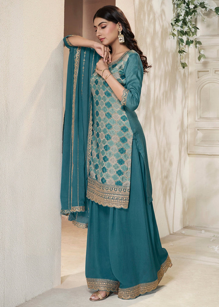 Steel Blue Dola Silk Sharara Suit with Intricate Jacquard Detailing - House of Sarvati LLC