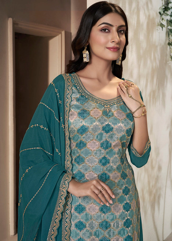 Steel Blue Dola Silk Sharara Suit with Intricate Jacquard Detailing - House of Sarvati LLC
