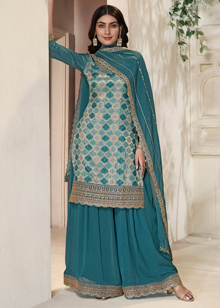 Steel Blue Dola Silk Sharara Suit with Intricate Jacquard Detailing - House of Sarvati LLC