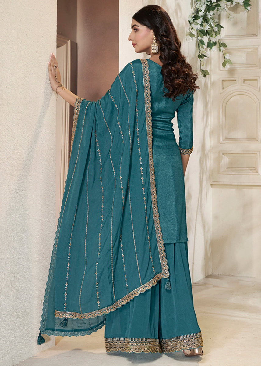 Steel Blue Dola Silk Sharara Suit with Intricate Jacquard Detailing - House of Sarvati LLC