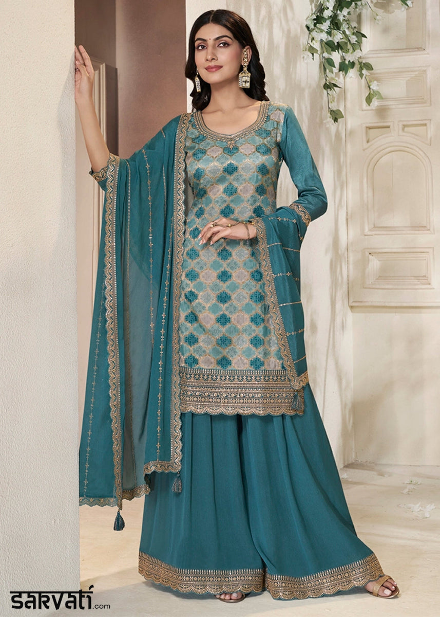 Steel Blue Dola Silk Sharara Suit with Intricate Jacquard Detailing - House of Sarvati LLC
