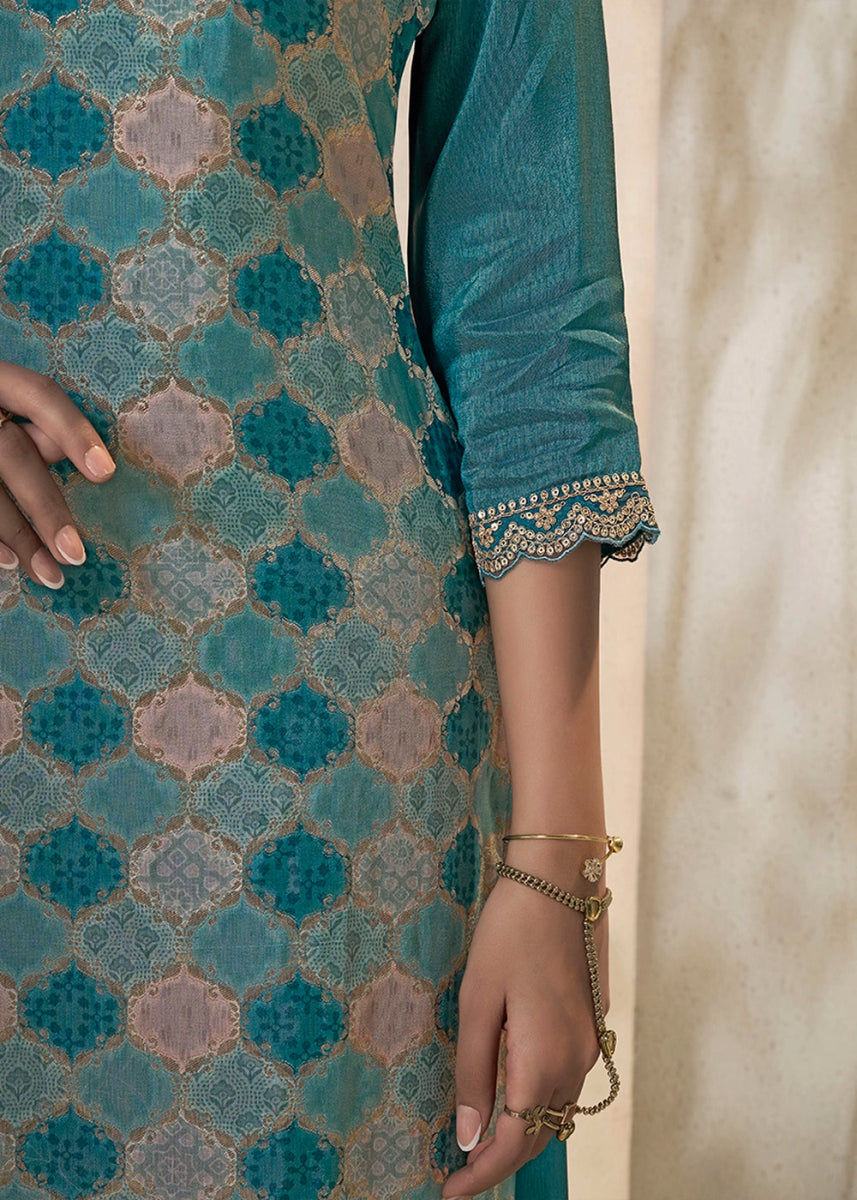 Steel Blue Dola Silk Sharara Suit with Intricate Jacquard Detailing - House of Sarvati LLC