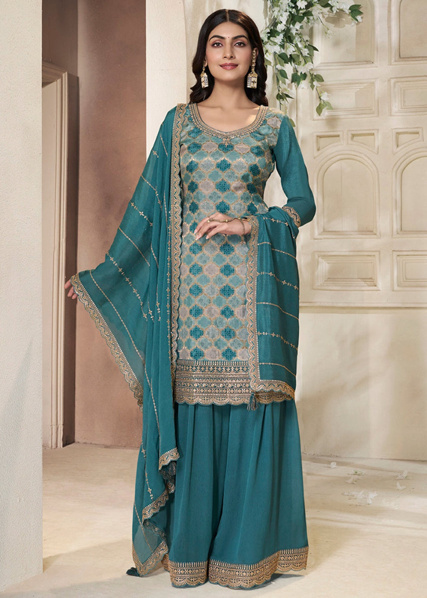 Steel Blue Dola Silk Sharara Suit with Intricate Jacquard Detailing - House of Sarvati LLC