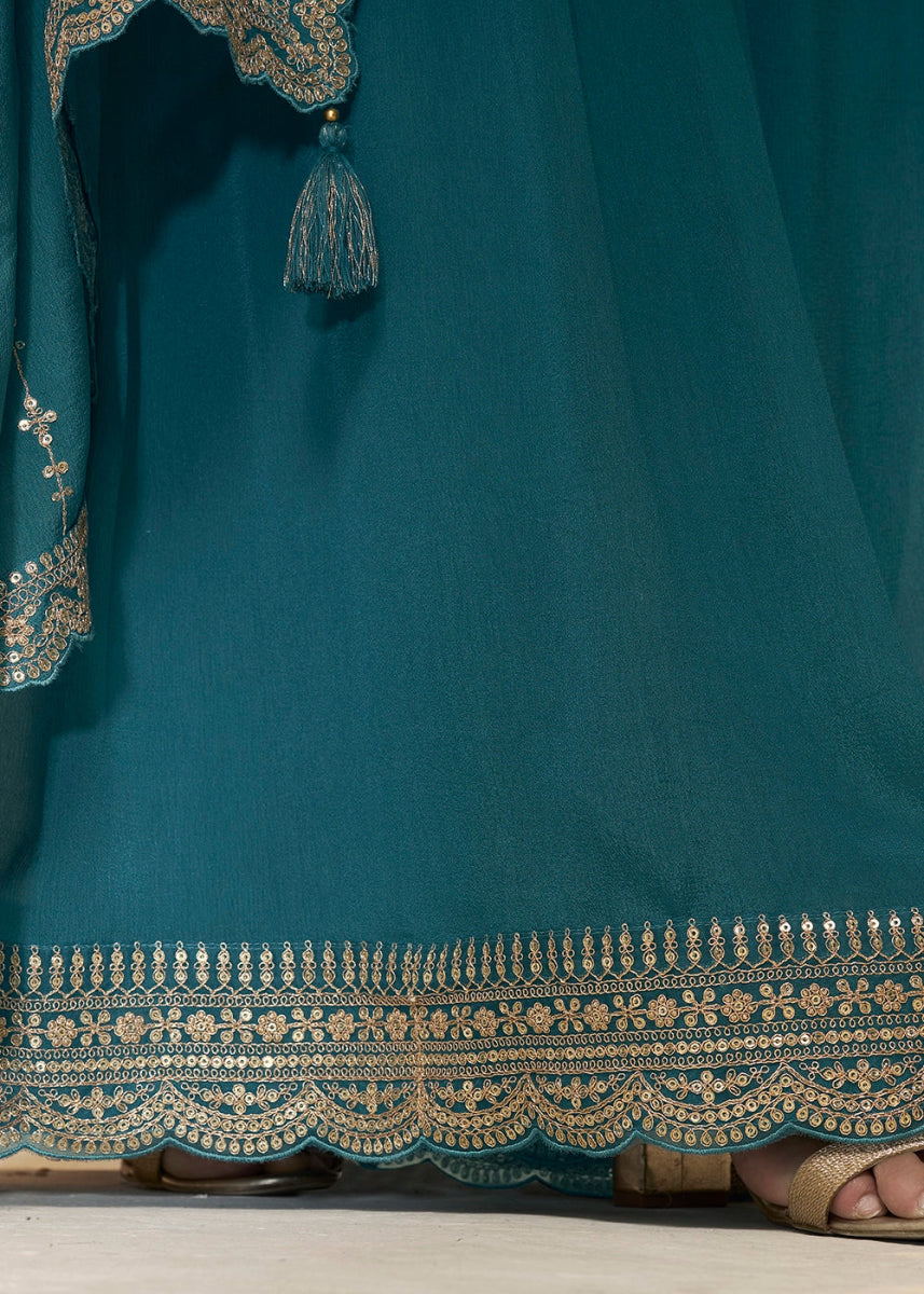 Steel Blue Dola Silk Sharara Suit with Intricate Jacquard Detailing - House of Sarvati LLC