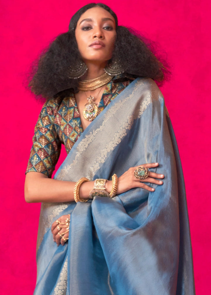 Steel Blue Tissue Silk Saree with Zari Weaving - House of Sarvati LLC