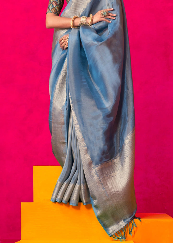 Steel Blue Tissue Silk Saree with Zari Weaving - House of Sarvati LLC