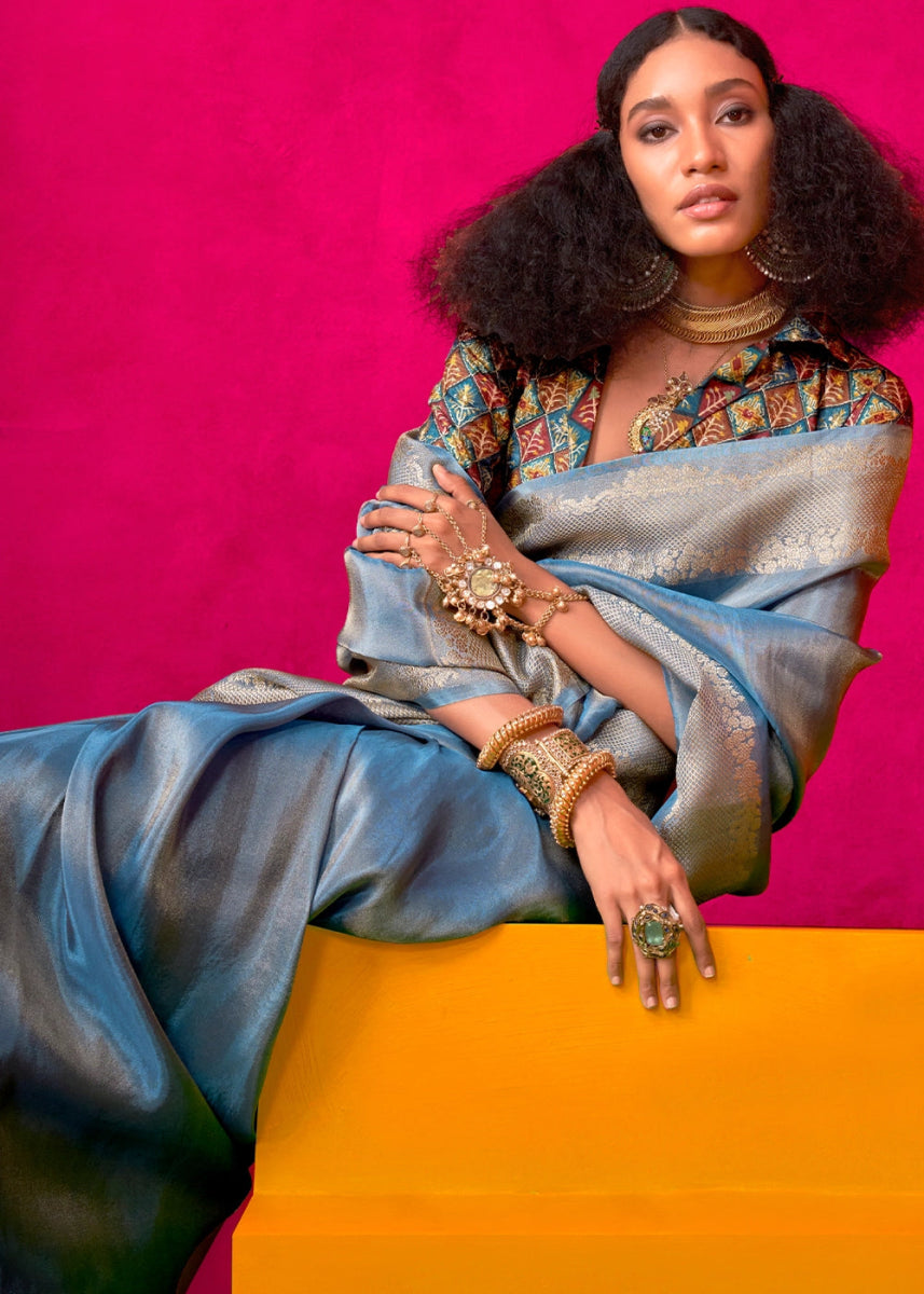 Steel Blue Tissue Silk Saree with Zari Weaving - House of Sarvati LLC