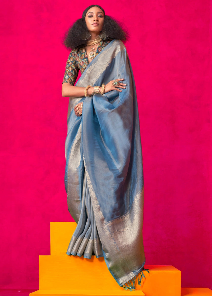 Steel Blue Tissue Silk Saree with Zari Weaving - House of Sarvati LLC