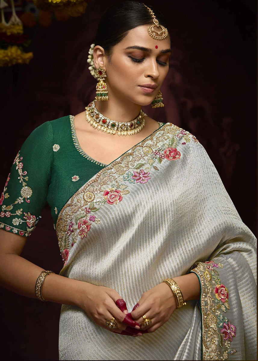 Stone Blue Kanjivaram Silk Saree with Intricate Zari, Khatli, Sequin & Pearl Embroidery - House of Sarvati LLC