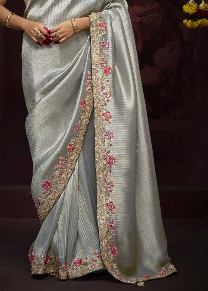 Stone Blue Kanjivaram Silk Saree with Intricate Zari, Khatli, Sequin & Pearl Embroidery - House of Sarvati LLC
