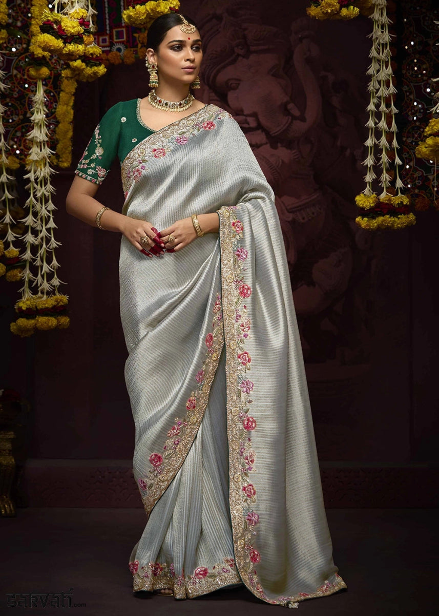 Stone Blue Kanjivaram Silk Saree with Intricate Zari, Khatli, Sequin & Pearl Embroidery - House of Sarvati LLC