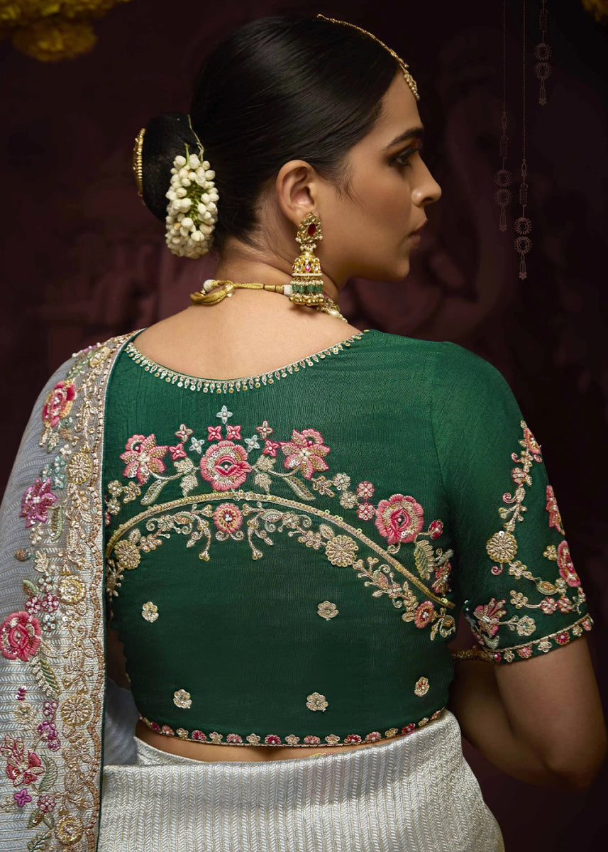 Stone Blue Kanjivaram Silk Saree with Intricate Zari, Khatli, Sequin & Pearl Embroidery - House of Sarvati LLC