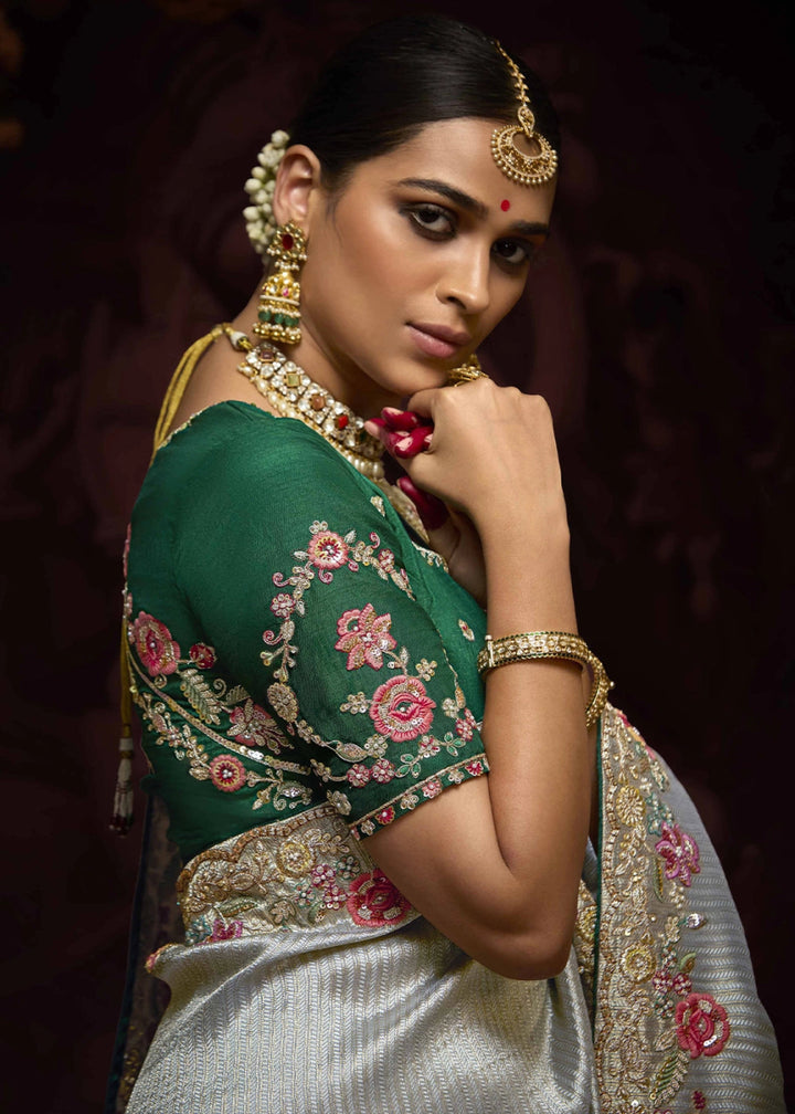 Stone Blue Kanjivaram Silk Saree with Intricate Zari, Khatli, Sequin & Pearl Embroidery - House of Sarvati LLC