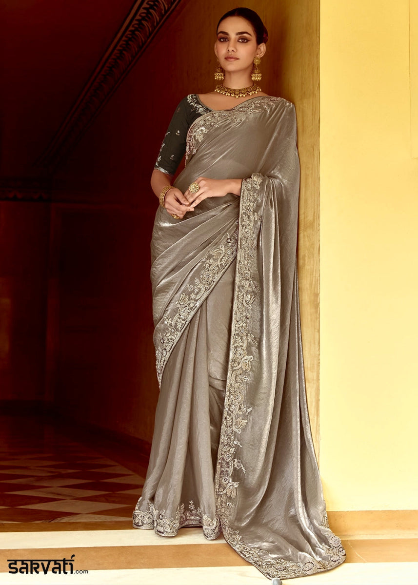 Stone Grey Tissue Silk Saree Beautified with Intricate Thread Embroidery And Sequin Accents - House of Sarvati LLC