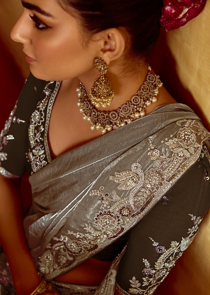 Stone Grey Tissue Silk Saree Beautified with Intricate Thread Embroidery And Sequin Accents - House of Sarvati LLC